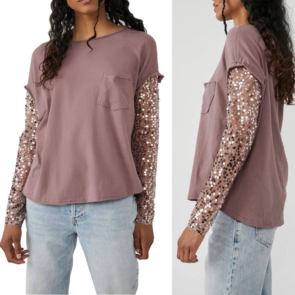 Free People Celine Tee Pink Sequined Long Sleeves womens size medium